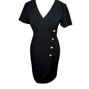 Karl Lagerfeld Paris Black Wrap-Style Sheath Dress  Pearl Button Detail – Size 4
